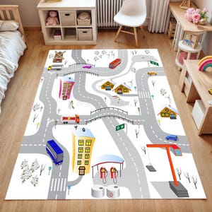 Winter Road Play Rug for Kids – Square Non-Slip Car Carpet with Snowy Streets, City Map & Vehicles – Washable Traffic Play Mat-Cool Gift Rug