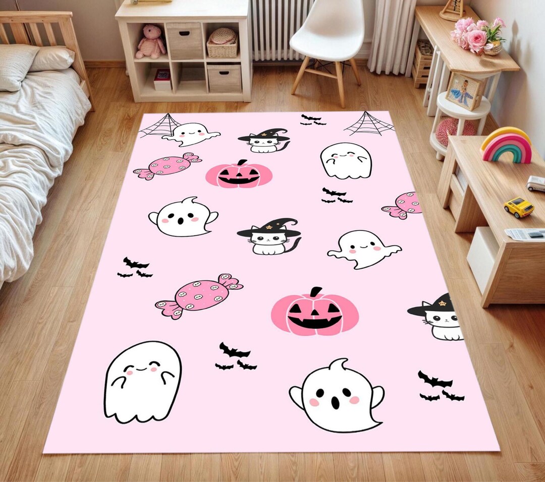 Pink Halloween Kids Rug – Ghost, Pumpkin & Witch Cat - Etsy
