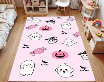 ピンクのハロウィン子供用ラグ – ゴースト、カボチャ、魔女猫