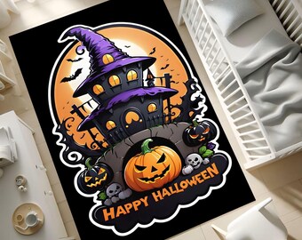 Halloween Kids Room Rug: Pumpkin, Haunted House, Non-Slip, Washable