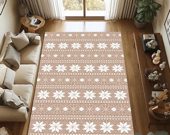 Scandinavian Christmas Rug: Beige Nordic Pattern Washable Mat