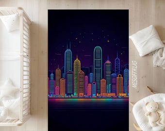 Neon City Skyline Rug: Cyber Night Room Decor