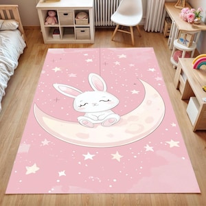 Personalized Bunny Moon Rug for Baby Girl Room | Custom Pink Nursery Carpet with Stars | Soft Non-Slip Floor Mat | Gift for Her