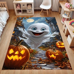Halloween Ghost Rug for Kids Bedroom & Playroom – Cute Friendly Ghost with Pumpkins – Washable Non-Slip Fall Home Decor Carpet-Gift Rug