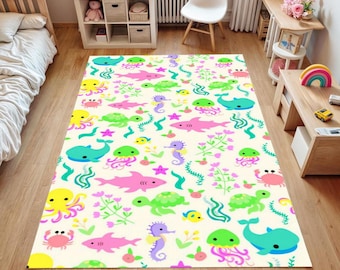 Undersea Animals Kids Rug: Non-Slip Washable Playroom Nursery Mat