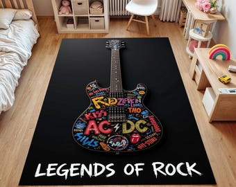 Legends of Rock Guitar Rug: Music Bedroom Decor, Non-Slip Floor Mat