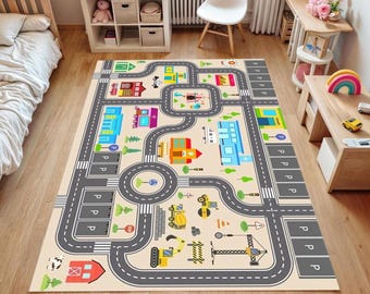 May include: A beige play rug with a city and road design. The rug features roads, buildings, parking spaces, and construction vehicles in various colors. The design includes a barn, trees, and crosswalks.