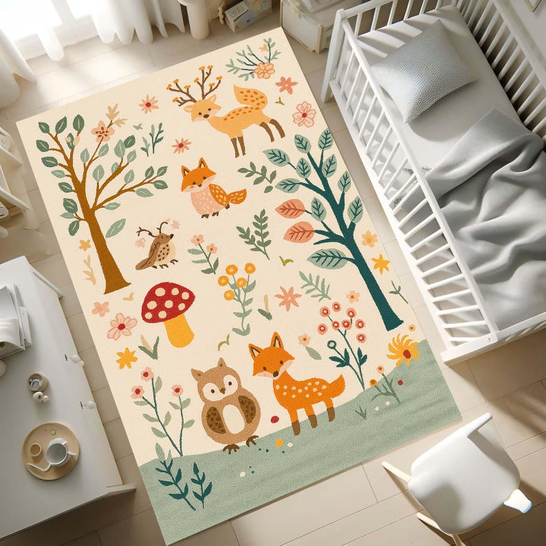 Woodland Animals Kids Rug: Washable Forest Theme Nursery Carpet With ...