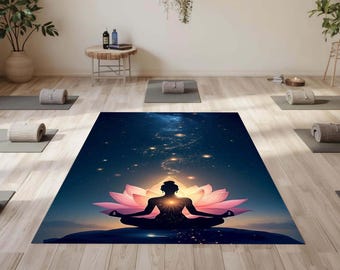 Pode incluir: Um estúdio de ioga com vários tapetes cinzentos e toalhas enroladas. O ponto focal é um grande tapete de ioga com uma figura a meditar dentro de uma flor de lótus, contra um céu estrelado. Plantas e uma pequena mesa com garrafas também são visíveis.