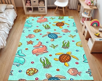 Underwater Animals Kids Rug: Non-Slip Ocean Nursery Decor