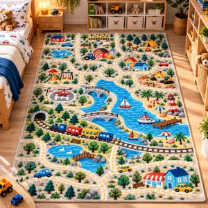 May include: A rectangular area rug featuring a colorful play mat design with a winding road network, a blue river with bridges, a train track with a locomotive, a lighthouse, various houses, trees, and small vehicles printed across the surface.