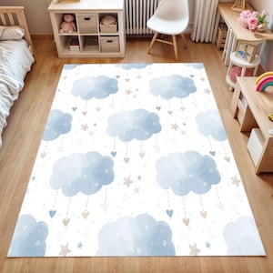 Blue Cloud Nursery Rug for Baby or Kids Room – Soft Square Carpet with Cute Heart & Star Pattern–Washable Non-Slip Playroom Mat-Gift for Her
