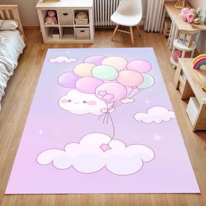 Personalized Cloud Balloon Rug for Girls Room | Custom Name Pastel Nursery Carpet | Soft Non-Slip Playroom Decor | Cute Baby Shower Gift Mat