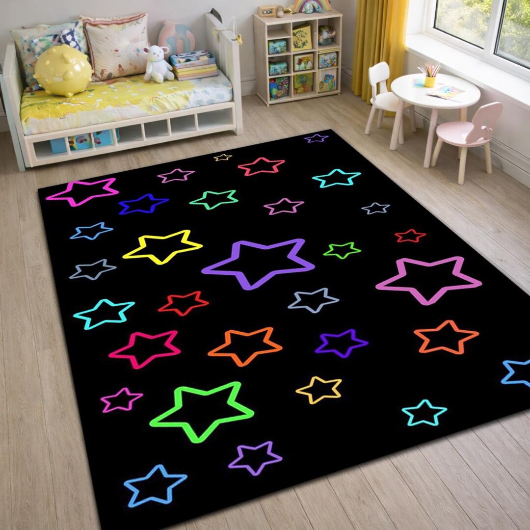 Neon Star Kids Rug: Black Galaxy Playroom Carpet - Etsy
