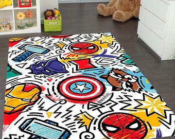 Superhero Comic Kids Rug – Washable Playroom Carpet for Boys