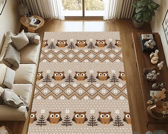 Owl Pattern Rug – Nordic Winter Area Rug, Washable Non Slip Carpet