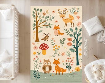 Woodland Animals Kids Rug: Washable Forest Theme Nursery Carpet with Fox,Deer & Owl