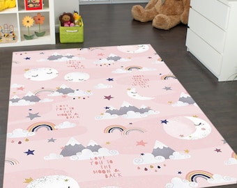 Pink Moon and Stars Nursery Rug: Soft Baby Girl Playroom Carpet