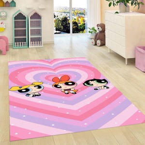Powerpuff Girls Pink Heart Rug - Cute Cartoon Girl’s Room Carpet - Pastel Nursery Mat - Blossom Bubbles Buttercup Decor - Gift Idea-Gift Rug