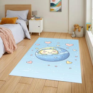 Cute Sleeping Moon Kids Rug - Nursery Area Rug for Baby Room - Soft Cartoon Carpet with Hearts-Pastel Blue Playroom Mat -Child Bedroom Decor