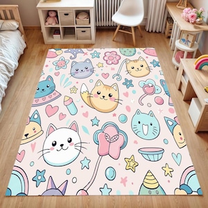 Kawaii Cat Rug for Kids Room - Cute Cartoon Pastel Floor Mat for Baby Nursery, Toddler Playroom, or Child Bedroom - Soft Gift Idea-Gift Rug