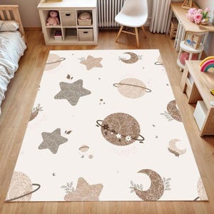 Neutral Space Theme Kids Rug - Beige Galaxy Planets & Stars Nursery Carpet -Soft Non-Slip Washable Baby Room Play Mat-Gift Rug for Kids Room