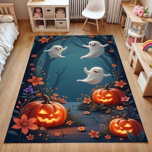 Cute Halloween Ghost Rug with Pumpkins and Flowers | Soft Fall Playroom Carpet for Kids Room|Spooky October Nursery Decor|Trick or Treat Mat