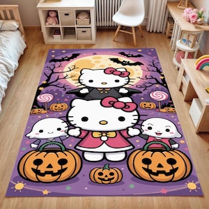 Kawaii Halloween Rug for Kids – Trick or Treat Vampire Kitty Carpet – Purple Pumpkin Floor Mat – Cute Fall Nursery Decor for Girls & Boys