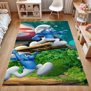 Smurfs Kids Rug – Colorful Cartoon Character Carpet for Boys & Girls Room, Fun Play Mat for Nursery, Toddler Bedroom Decor-Cool Gift Rug