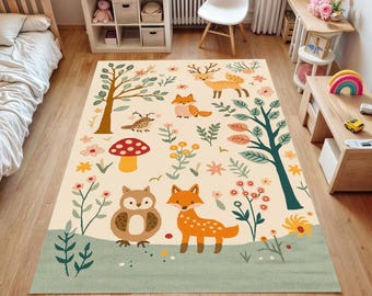 Woodland Animals Kids Rug: Washable Forest Theme Nursery Carpet with Fox, Deer & Owl