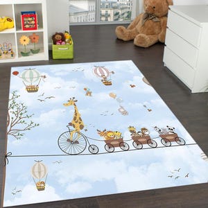 Kids Room Rug - Cartoon Animal Play Mat - Safari Nursery Carpet -Giraffe Lion Panda Hot Air Balloon - Baby Floor Mat for Playroom or Nursery