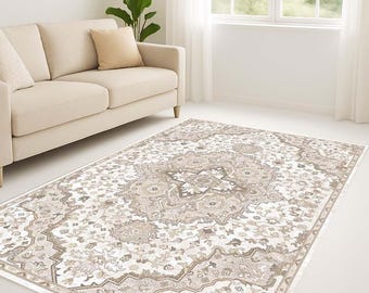 Beige Vintage Oriental Style Area Rug: Elegant Neutral Decor