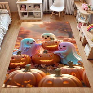 Cute Halloween Ghosts & Pumpkins Rug – Washable Non-Slip Fall Decor for Kids Room, Playroom and Nursery – Cozy Autumn Themed Floor Mat