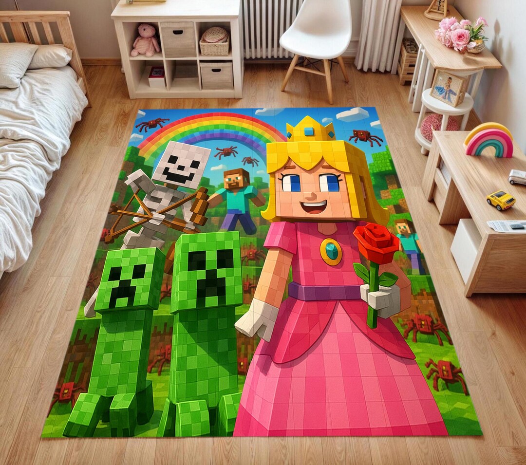 Minecraft Perisna Rug Minecraft Princess Rug for Girls - Pixel Art Creeper Carpet - Rainbow ...