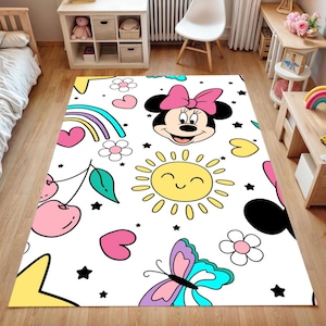 Cute Cartoon Girl Rug – Soft Nursery Carpet with Pink Bow, Rainbow, Sun & Butterfly | Colorful Toddler Room Mat|Playroom Decor Gift|Gift Rug