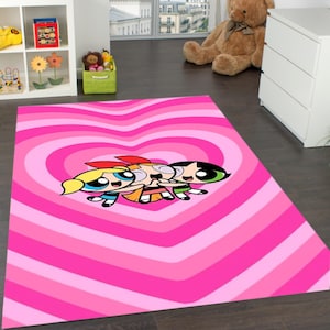 Powerpuff Girls Pink Rug – Cartoon Heart Carpet for Girls Room, Nursery or Playroom – Soft Floor Mat – Baby Shower Gift Idea-Gift for Her