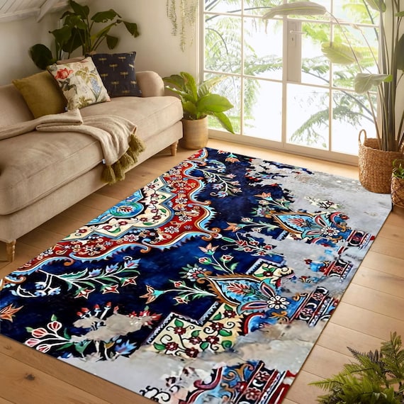 Distressed Red and Navy Oriental Rug:...