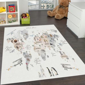 Weltkarte Teppich für Kinderzimmer - Kinder Spieldecke mit Tieren - Kinderzimmer Deko Teppich - Baby Lernmatte - Weicher Kleinkind Bodenteppich-Geschenk Teppich