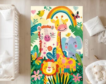 Jungle Animals Kids Rug: Washable Safari Nursery Carpet