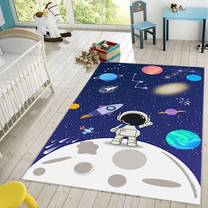Space Theme Kids Rug: Astronaut Galaxy Play Mat, Nursery Decor