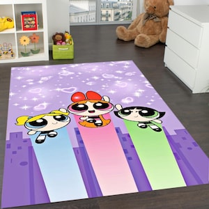 Powerpuff Girls Purple Rug - Cartoon Kids Carpet with Hearts & Stars - Girl’s Playroom Mat - Bubbles Blossom Buttercup Decor Gift-Gift Rug