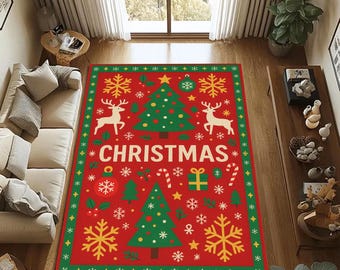 Vintage Christmas Bells Rug, Festive Holiday Rug, Washable Area