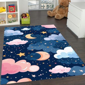 Celestial Kids Room Rug: Moon, Stars, Galaxy Nursery Decor