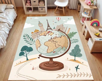 May include: A rectangular area rug with a world map design. The rug features a globe with famous landmarks like the Eiffel Tower and Big Ben. The color palette includes beige, blue, and brown, with illustrations of trees and a dotted path.