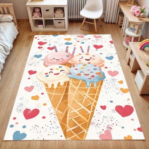Ice Cream Rug for Kids Room | Cute Non-Slip Pastel Carpet with Hearts & Sprinkles | Soft Nursery Floor Mat | Baby Girl Gift for Her