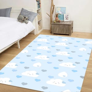 Blue Cloud Rug for Baby Nursery | Soft Kids Carpet with Hearts & Raindrops | Kawaii Pastel Floor Mat for Toddler Bedroom and Playroom Decor