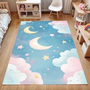 Moon and Stars Nursery Rug: Soft Pastel Kids Play Mat