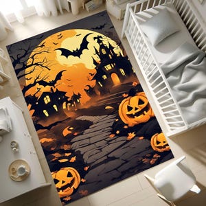 Spooky Halloween Rug with Haunted Path – Glowing Pumpkin&Castle Carpet for Kids Room–Trick or Treat Fall Nursery Mat–October Decor Gift Idea