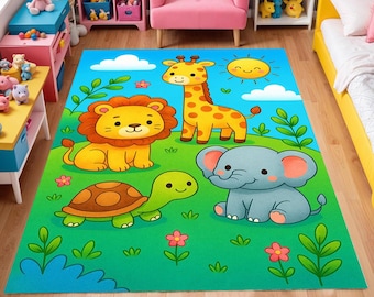 Safari Nursery Rug: Lion, Elephant, Giraffe Kids Play Mat