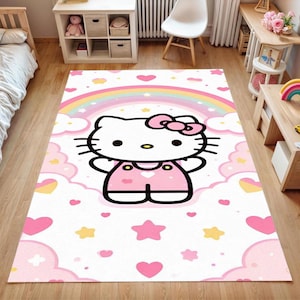 Hello Kitty Pink Rainbow Rug for Girls Room | Cute Cartoon Character Carpet for Kids | Soft PastelNursery Floor Mat|Gift Idea|Cute Gift Rug